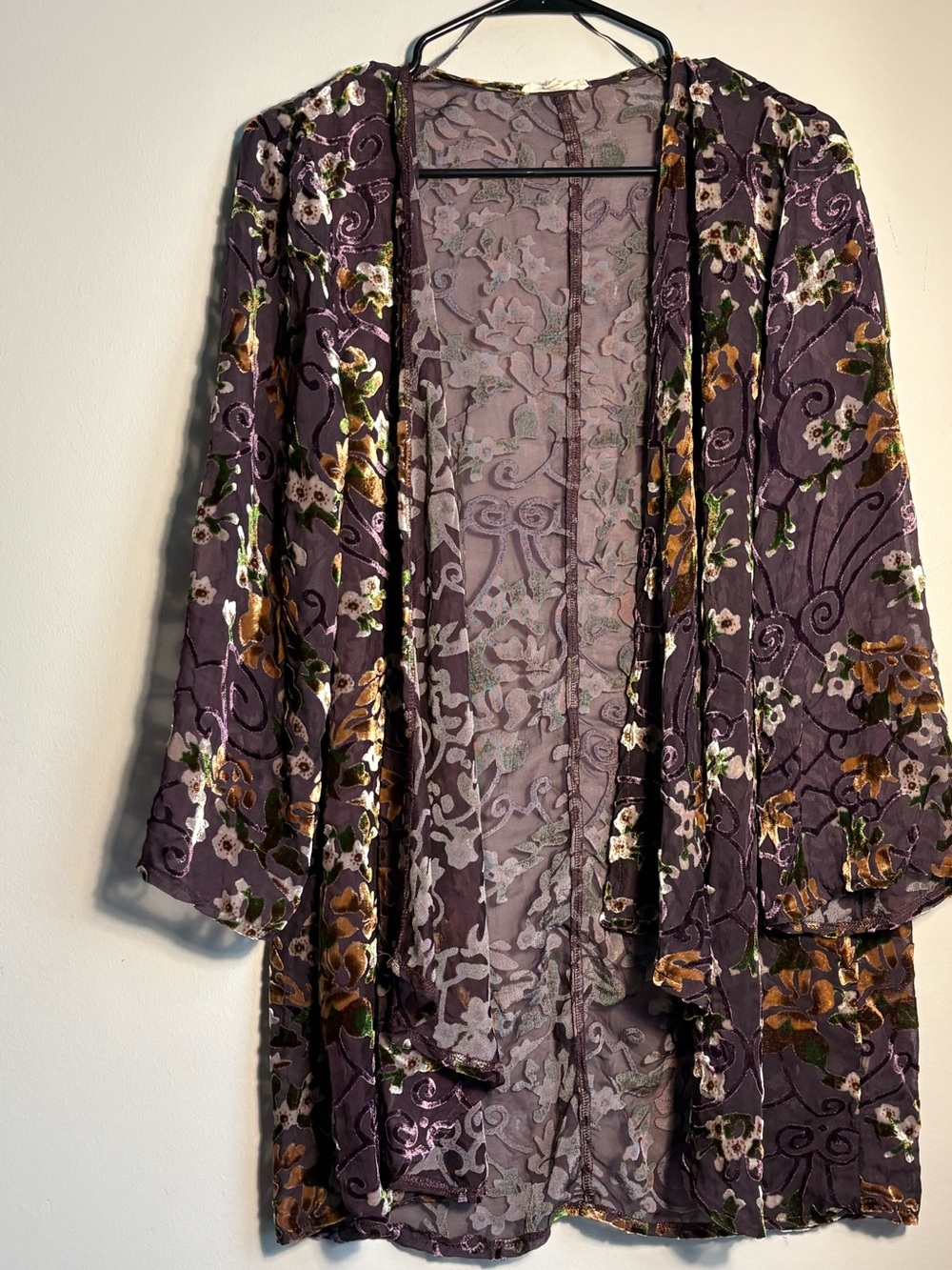 Mystree Sheer Velvet Burnout Floral Open Front Cardigan Boho Layering Top M